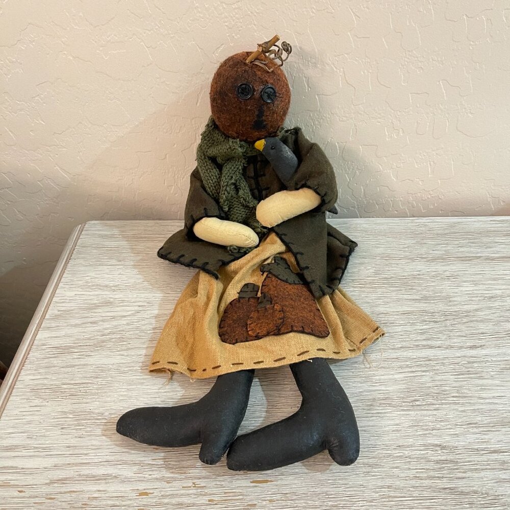 Vintage Fall Decor Stuffed Pumpkin Head Doll Holding Crow Halloween